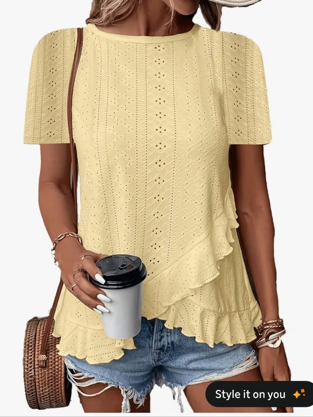 Casual Ruffle Hem Eyelet Tunic Top - Yellow #127